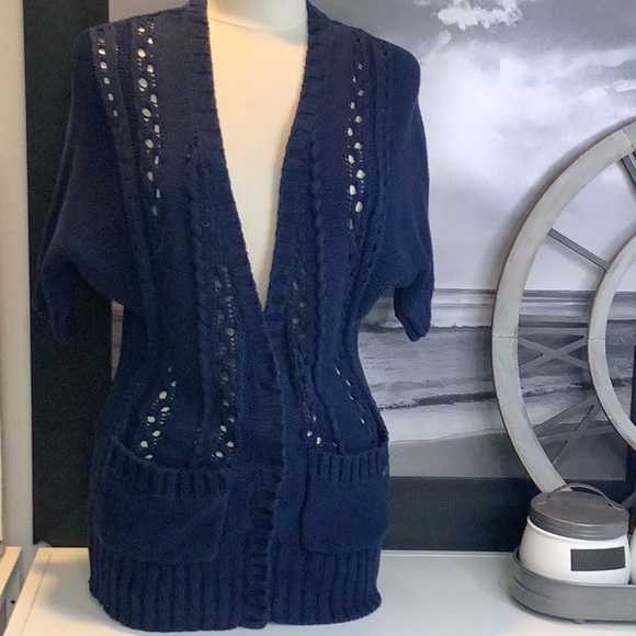 Guess Sweaters - Guess Navy Blue Cotton Cable Knit Short Sleeve Snap Front Cardigan Vest Size M